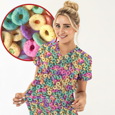 Colorful Cereal Loops Pattern Scrub Top, Comfortable Scrubs for Nurses