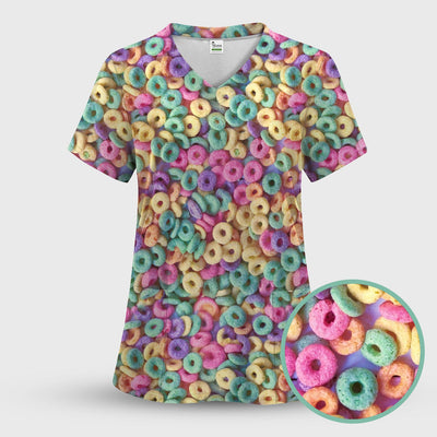 Colorful Cereal Loops Pattern Scrub Top, Comfortable Scrubs for Nurses