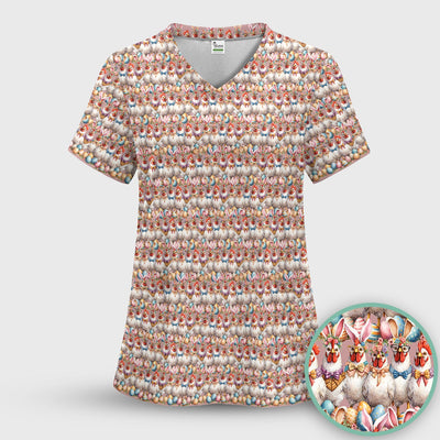 Easter Bunny Chicken Pattern Scrub Top, Comfortable Scrubs for Nurses