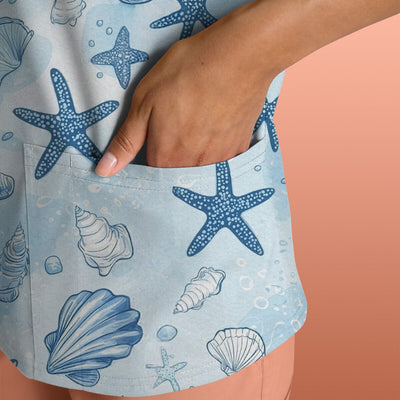 Blue Sea Shells Starfish Pattern Scrubs Top, Comfortable Scrubs for Nurses
