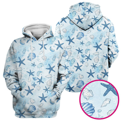 Blue Sea Shells Starfish Pattern Scrubs Top, Comfortable Scrubs for Nurses