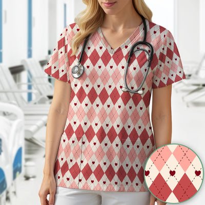 Red Argyle Plaid Pattern Scrubs Top, Comfortable Scrubs for Nurses