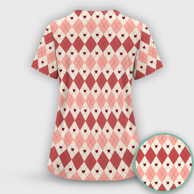 Red Argyle Plaid Pattern Scrubs Top, Comfortable Scrubs for Nurses