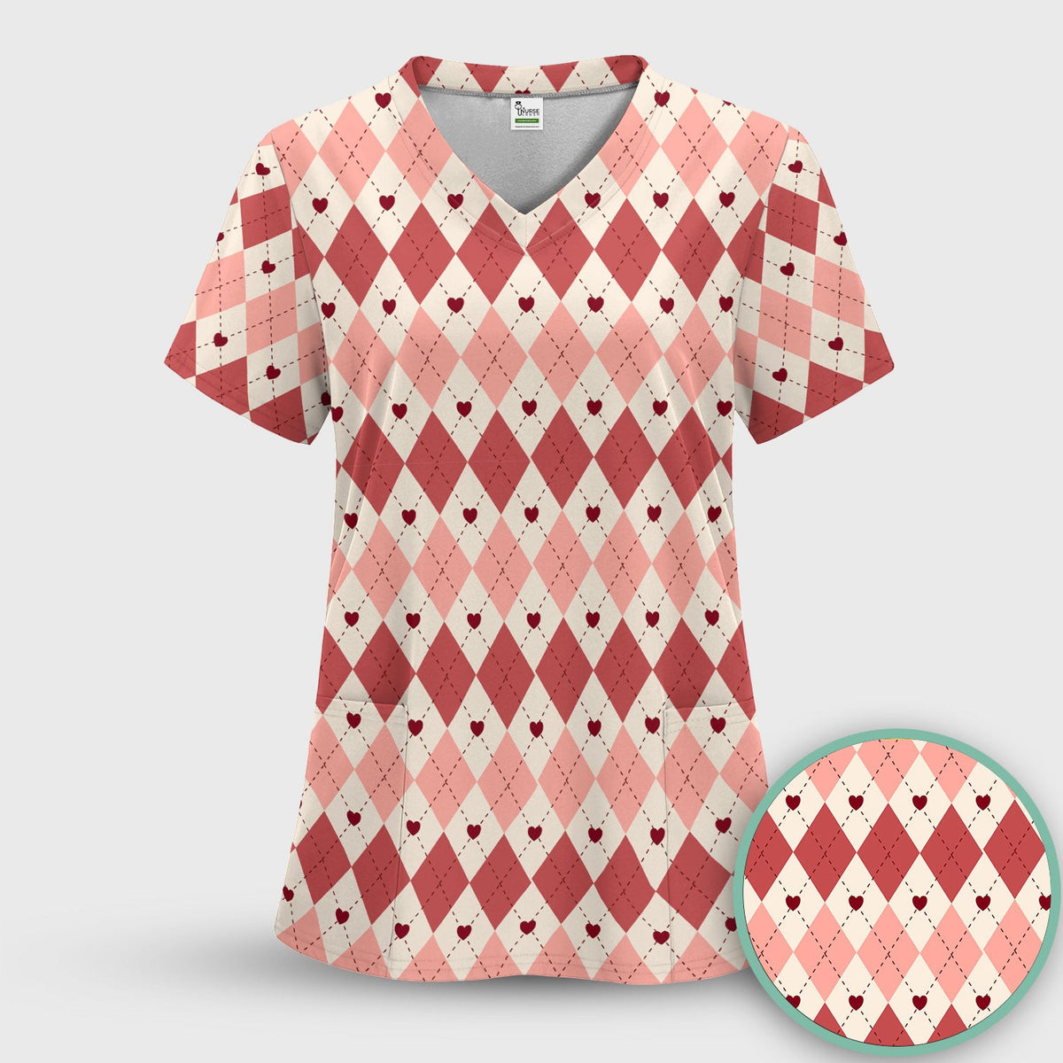Red Argyle Plaid Pattern Scrubs Top, Comfortable Scrubs for Nurses