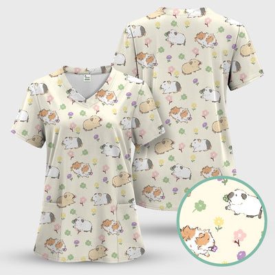 Cozy Guinea Pig Floral Doodle Pattern Scrub Top, Comfortable Scrubs for Nurses