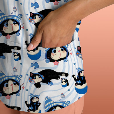 Charming Kitten Fish Pattern Scrub Top, Comfortable Scrubs for Nurses