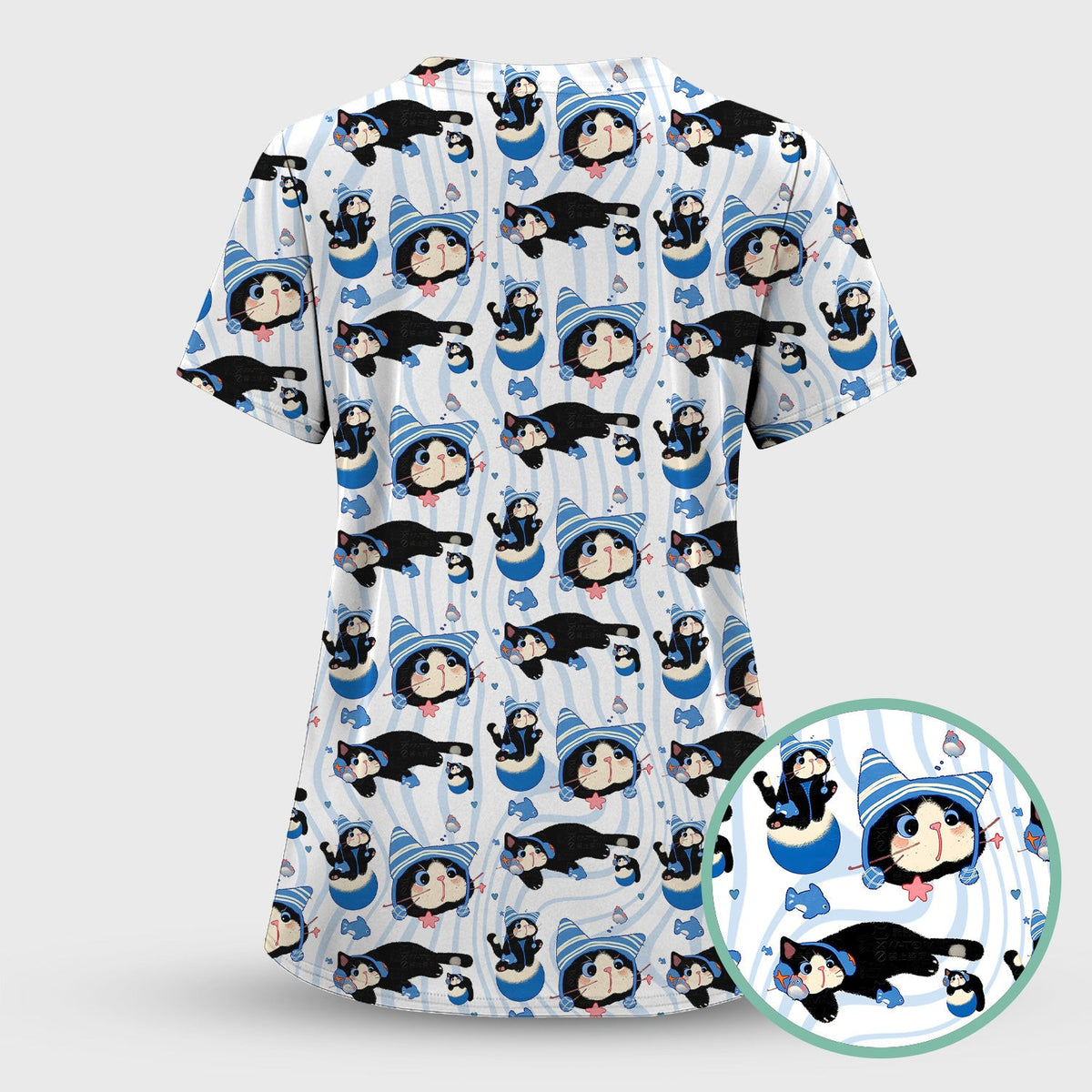 Charming Kitten Fish Pattern Scrub Top, Comfortable Scrubs for Nurses