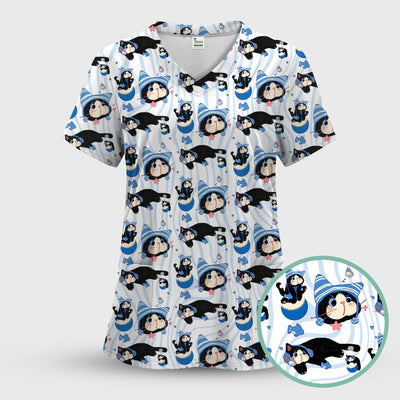 Charming Kitten Fish Pattern Scrub Top, Comfortable Scrubs for Nurses
