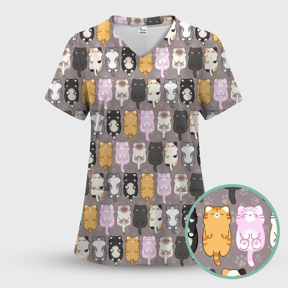 Funny Cartoon Cats All Over Print Scrubs Top, Comfortable Scrubs for Nurses