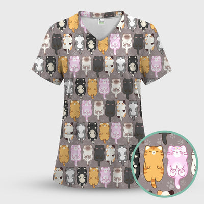 Funny Cartoon Cats All Over Print Scrubs Top, Comfortable Scrubs for Nurses