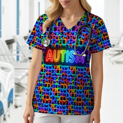 Autism Puzzle Neon Pattern Scrubs Top, Comfortable Scrubs for Nurses