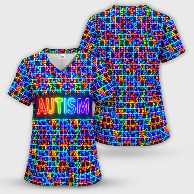 Autism Puzzle Neon Pattern Scrubs Top, Comfortable Scrubs for Nurses