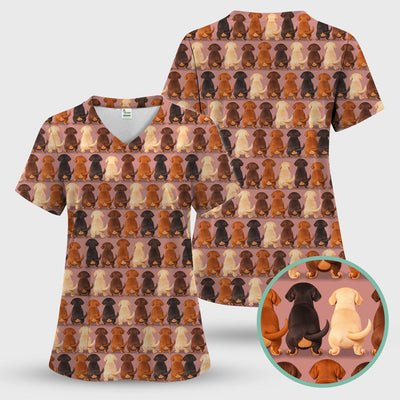 Cute Dachshund Butt Pattern All Over Print Scrubs Top, Comfortable Scrubs for Nurses
