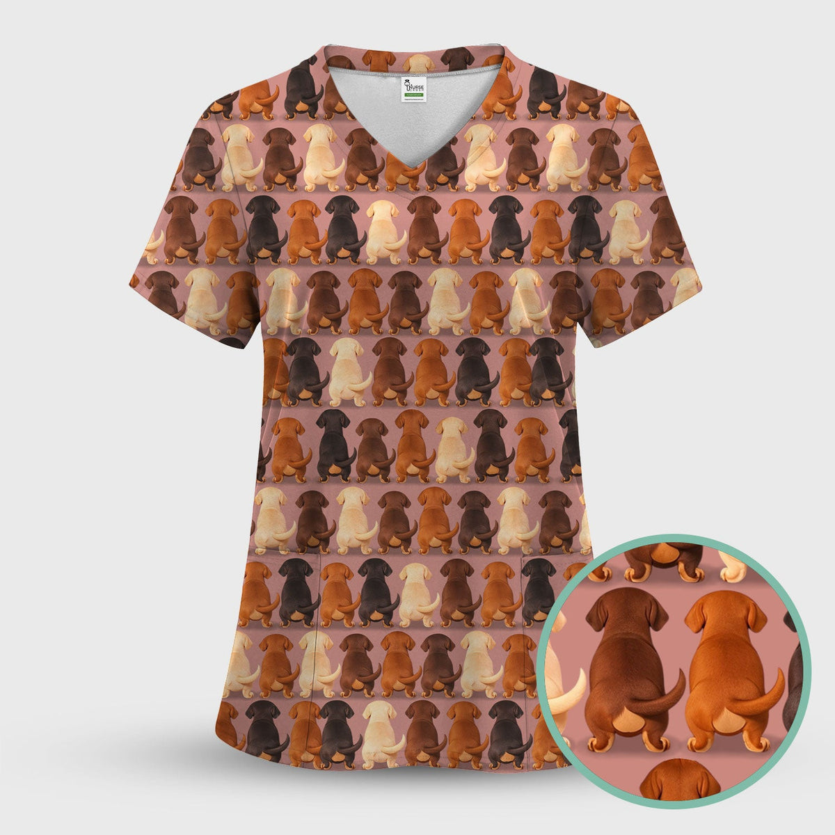 Cute Dachshund Butt Pattern All Over Print Scrubs Top, Comfortable Scrubs for Nurses