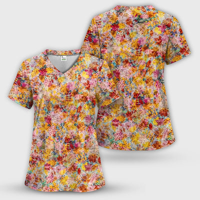 Autumn Floral Leaves Pattern Scrub Top, Comfortable Scrubs for Nurses