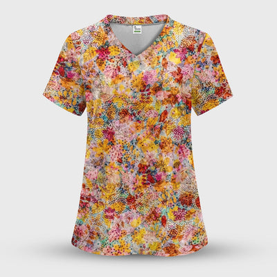Autumn Floral Leaves Pattern Scrub Top, Comfortable Scrubs for Nurses