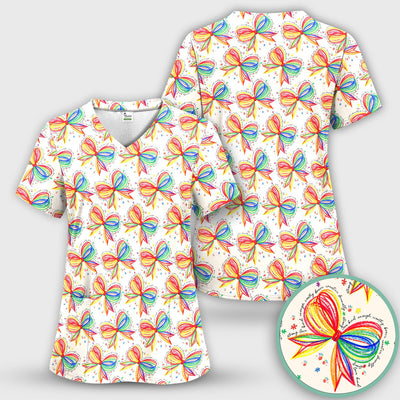Colorful Rainbow Bow Pattern Scrub Top, Comfortable Scrubs for Nurses