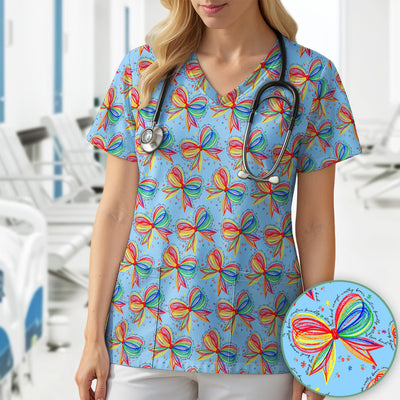 Colorful Rainbow Bow Pattern Scrub Top, Comfortable Scrubs for Nurses