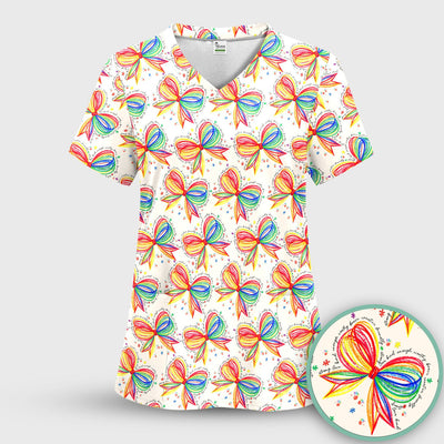 Colorful Rainbow Bow Pattern Scrub Top, Comfortable Scrubs for Nurses