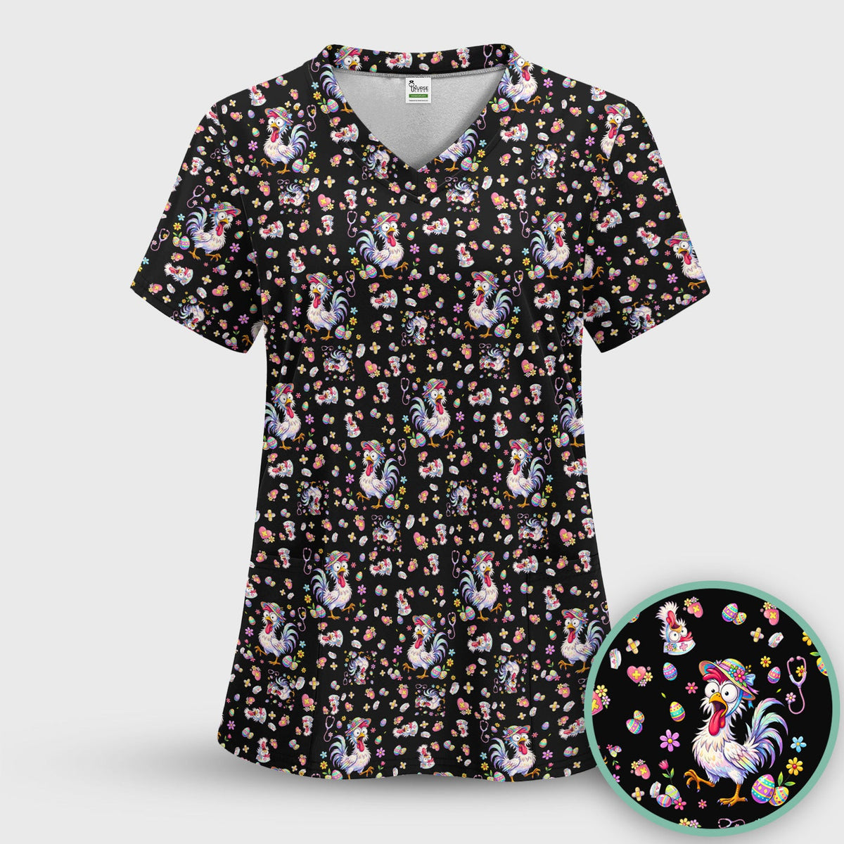 Funny Easter Nurse Chicken Pattern Scrub Top, Comfortable Scrubs for Nurses