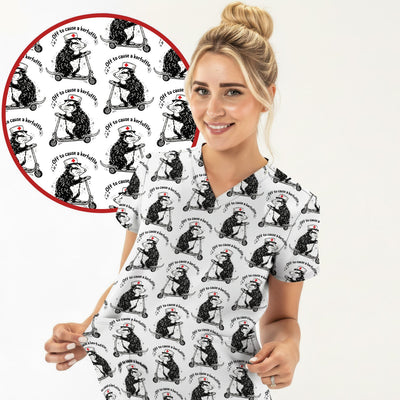 Funny Opossum Nurse Riding Scooter Pattern Scrubs Top, Breathable Fabrics Nursing Uniform