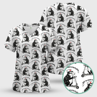 Funny Opossum Nurse Riding Scooter Pattern Scrubs Top, Breathable Fabrics Nursing Uniform