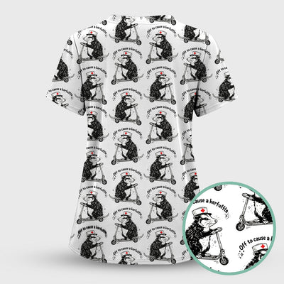Funny Opossum Nurse Riding Scooter Pattern Scrubs Top, Breathable Fabrics Nursing Uniform