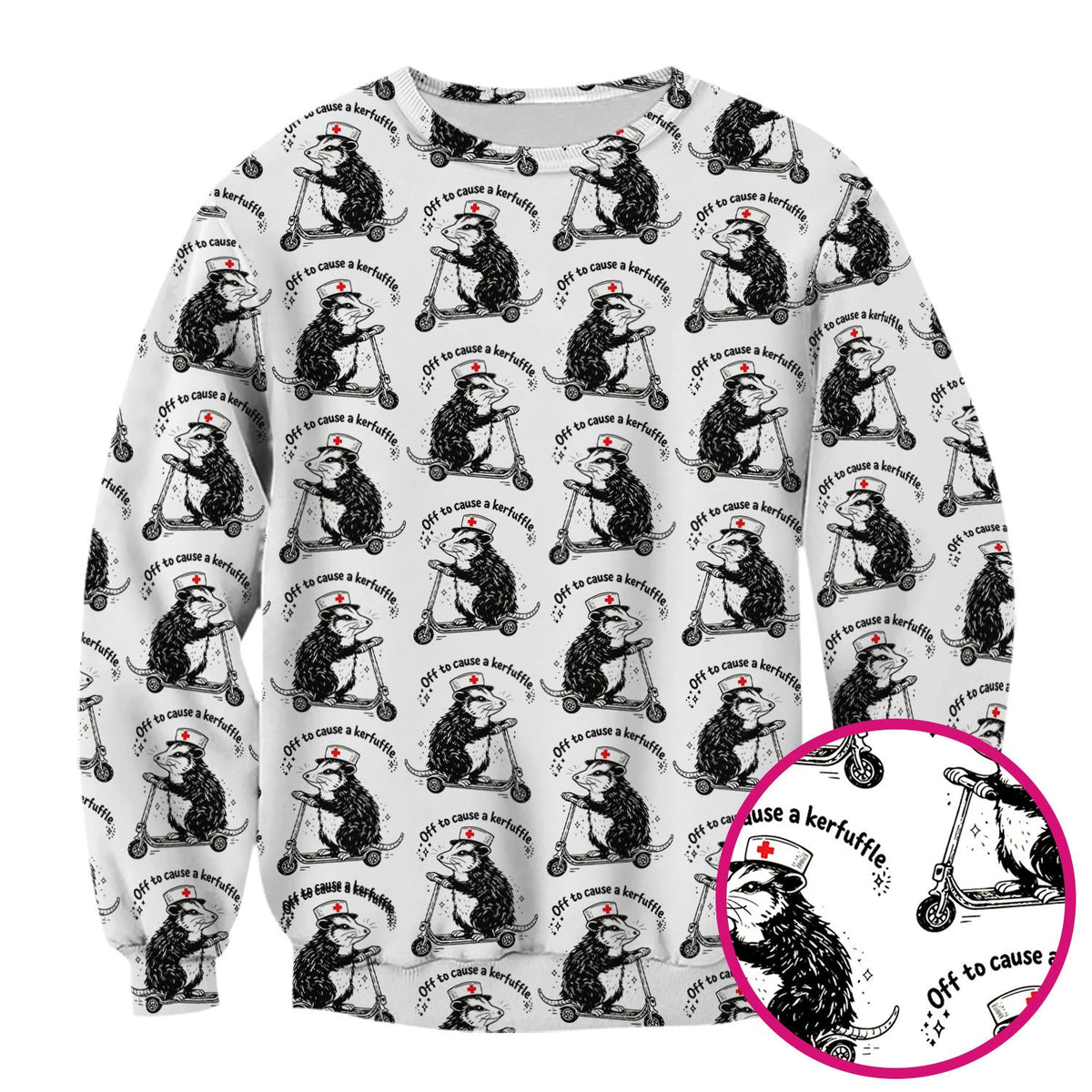 Funny Opossum Nurse Riding Scooter Pattern Scrubs Top, Breathable Fabrics Nursing Uniform