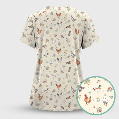 Farm Chicken Duck Floral Pattern Scrubs Top, Comfortable Scrubs for Nurses
