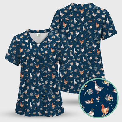 Farm Chicken Duck Floral Pattern Scrubs Top, Comfortable Scrubs for Nurses