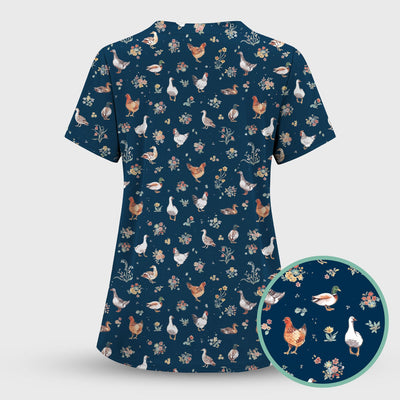 Farm Chicken Duck Floral Pattern Scrubs Top, Comfortable Scrubs for Nurses