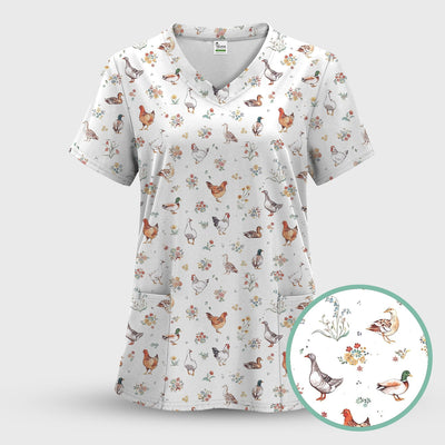 Farm Chicken Duck Floral Pattern Scrubs Top, Comfortable Scrubs for Nurses
