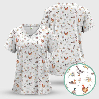 Farm Chicken Duck Floral Pattern Scrubs Top, Comfortable Scrubs for Nurses