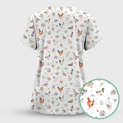 Farm Chicken Duck Floral Pattern Scrubs Top, Comfortable Scrubs for Nurses