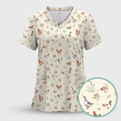 Farm Chicken Duck Floral Pattern Scrubs Top, Comfortable Scrubs for Nurses