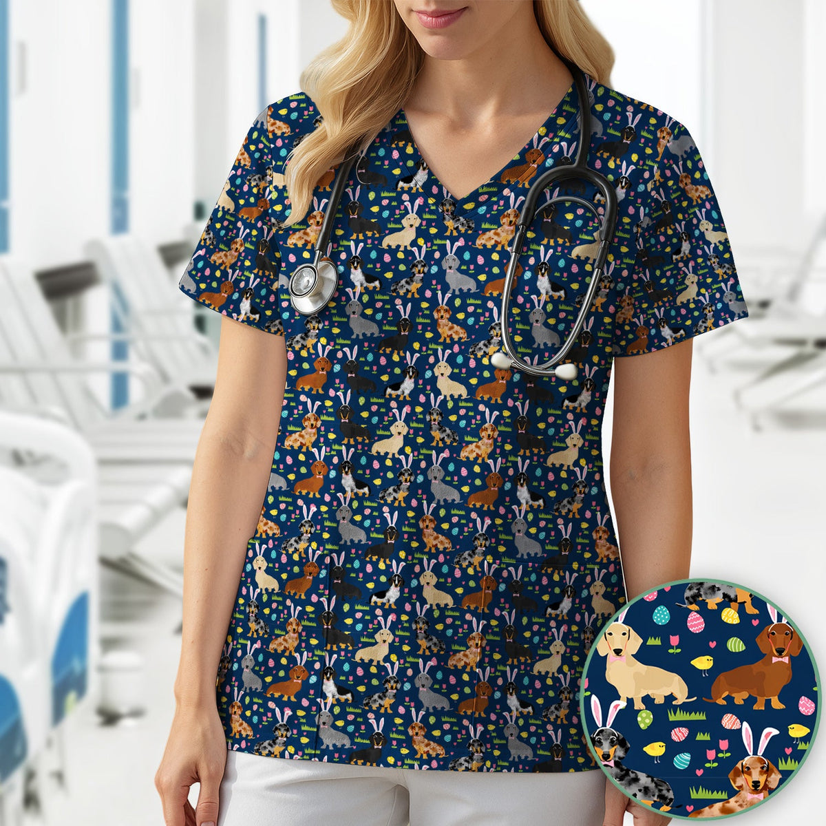 Easter Dachshund Dog Pattern Scrub Top, Comfortable Scrubs for Nurses