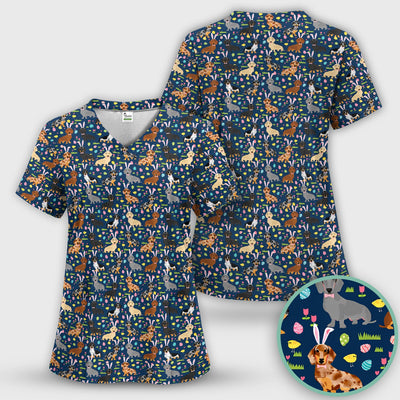 Easter Dachshund Dog Pattern Scrub Top, Comfortable Scrubs for Nurses
