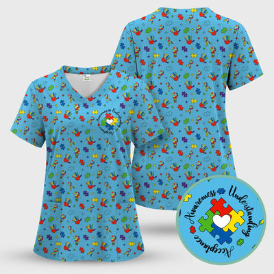 Autism Awareness Colorful Puzzle Pattern Scrub Top, Comfortable Scrubs for Nurses