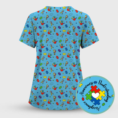 Autism Awareness Colorful Puzzle Pattern Scrub Top, Comfortable Scrubs for Nurses