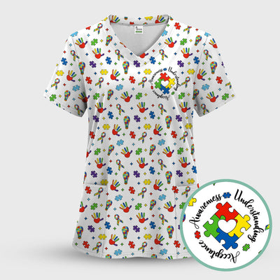 Autism Awareness Colorful Puzzle Pattern Scrub Top, Comfortable Scrubs for Nurses