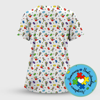 Autism Awareness Colorful Puzzle Pattern Scrub Top, Comfortable Scrubs for Nurses