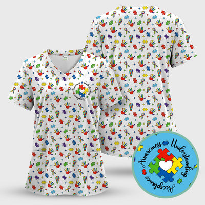 Autism Awareness Colorful Puzzle Pattern Scrub Top, Comfortable Scrubs for Nurses