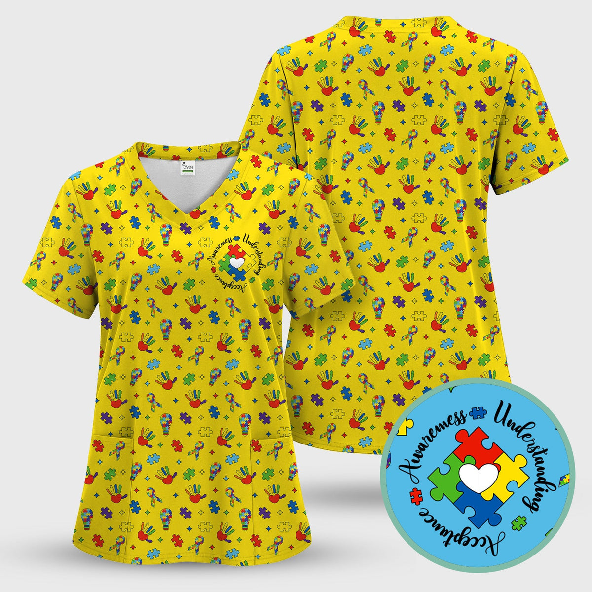Autism Awareness Colorful Puzzle Pattern Scrub Top, Comfortable Scrubs for Nurses