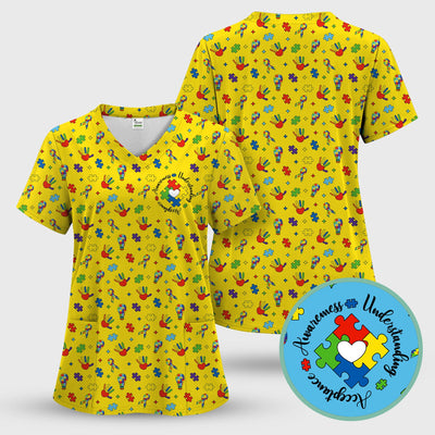 Autism Awareness Colorful Puzzle Pattern Scrub Top, Comfortable Scrubs for Nurses