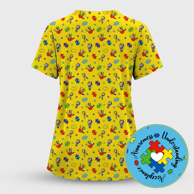 Autism Awareness Colorful Puzzle Pattern Scrub Top, Comfortable Scrubs for Nurses