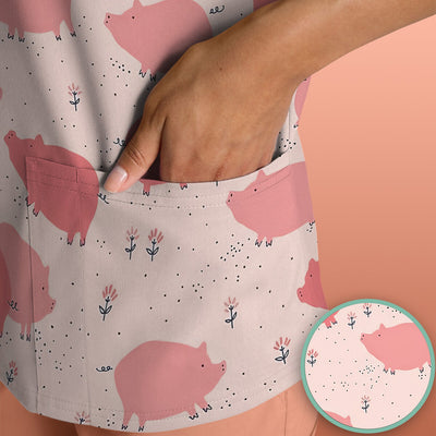 Pink Pig Farm Pattern Scrub Top, Comfortable Scrubs for Nurses