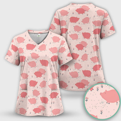 Pink Pig Farm Pattern Scrub Top, Comfortable Scrubs for Nurses