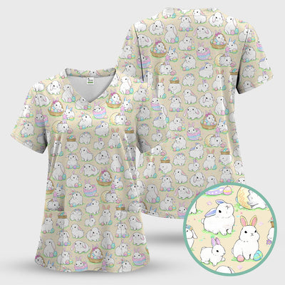 Cute Easter Bunny Egg Pattern Scrub Top, Comfortable Scrubs for Nurses