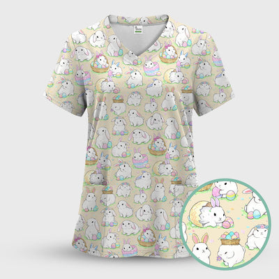 Cute Easter Bunny Egg Pattern Scrub Top, Comfortable Scrubs for Nurses