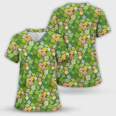 Colorful Shamrock Clover Pattern Scrubs Top, Comfortable Scrubs for Nurses